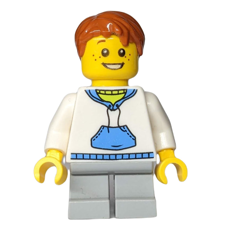 fig-009688 – Boy, White and Blue Hoodie, Short Light Bluish Gray Legs, Dark Orange Hair
