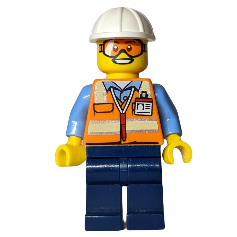 fig-009695 – Ground Crew, Orange Safety Vest, Dark Blue Legs, White Hard Hat, Orange Safety Goggles