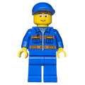 fig-009700 – Ground Crew, Blue Jumpsuit with Orange Stripes and Pockets, Blue Cap, Glasses