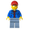 fig-009701 – Man, Open Blue Jacket over Dark Red Shirt, Sand Blue Legs, Red Cap, Silver Sunglasses