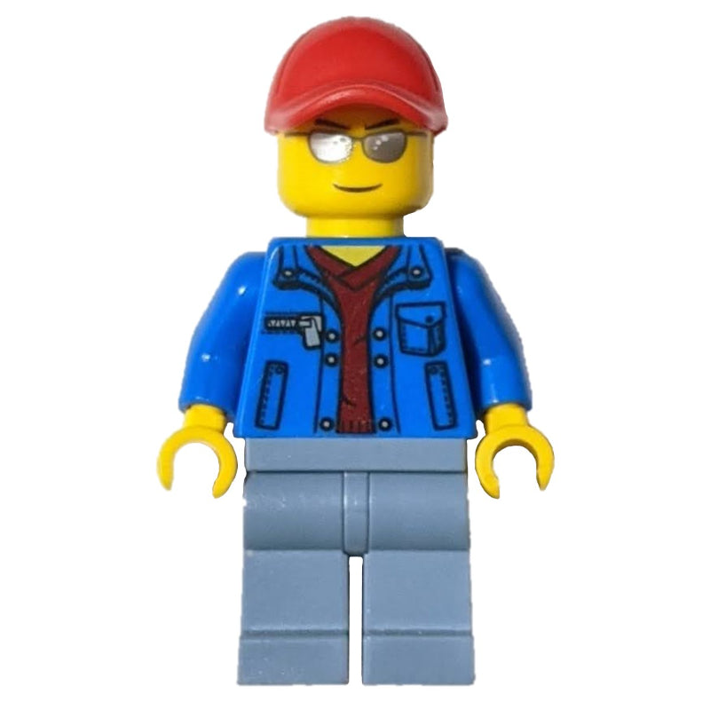 fig-009701 – Man, Open Blue Jacket over Dark Red Shirt, Sand Blue Legs, Red Cap, Silver Sunglasses