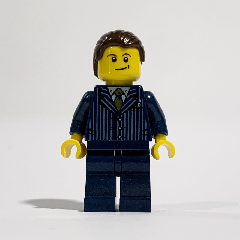 fig-009702 – Man, Dark Blue Pinstripe Suit with Gold Tie, Dark Brown Hair, Brown Eyebrows