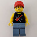 fig-009704 – Woman, Black Top with Guitar, Sand Blue Legs, Red Cap with Hair