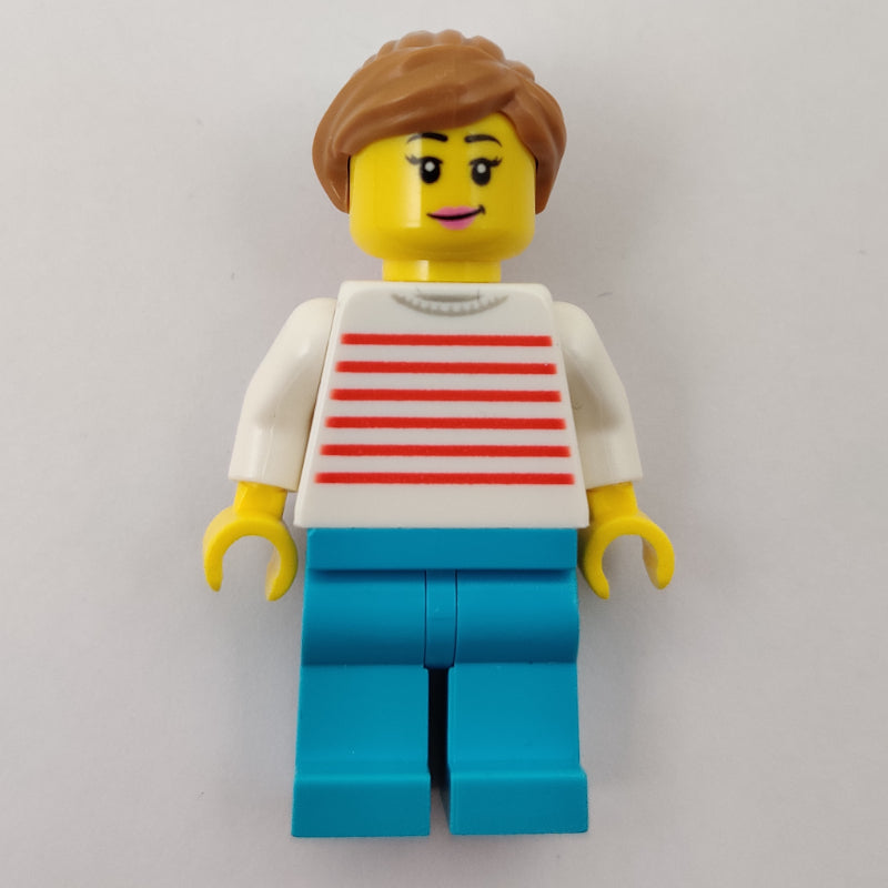 fig-009709 – Woman, Red and White Striped Sweater, Medium Azure Legs, Medium Nougat Hair