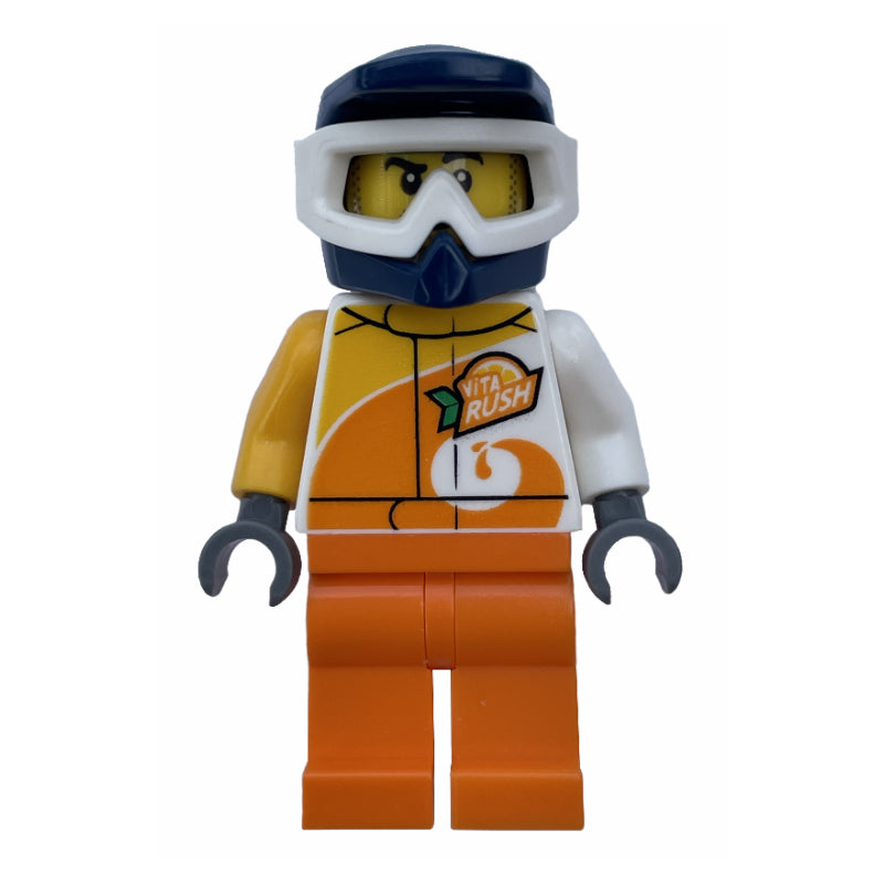 fig-009712 – Racer, White and Orange Jumpsuit with 'VITA RUSH', Blue Helmet with Goggles, Stubble