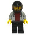 fig-009713 – Man, Light Bluish Gray Hoodie over Dark Red Shirt, Black Legs, Black Helmet with Visor