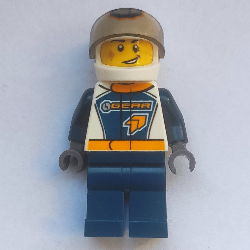 fig-009716 – Racer, Dark Blue and White Jumpsuit with 'GEAR', White Helmet with 'G' and Visor