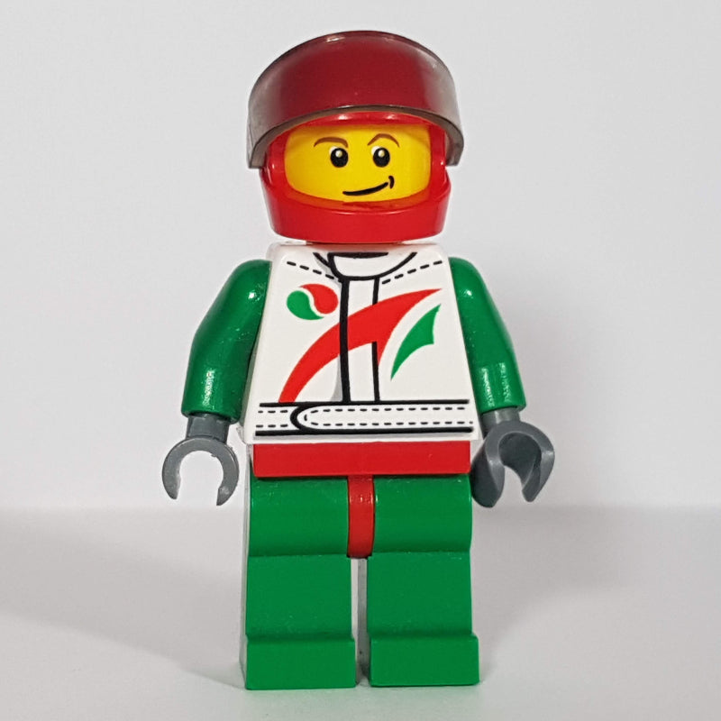 fig-009718 – Racer, White and Green Jumpsuit with Octan Logo, Red Helmet with Visor