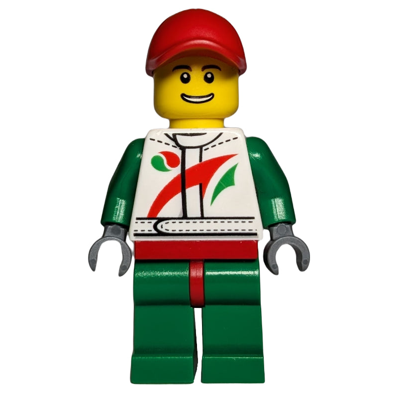 fig-009719 – Racer, White and Green Jumpsuit with Octan Logo, Red Cap