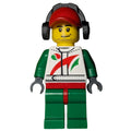 fig-009720 – Racer, White and Green Jumpsuit with Octan Logo, Red Cap with Ear Defenders, Stubble