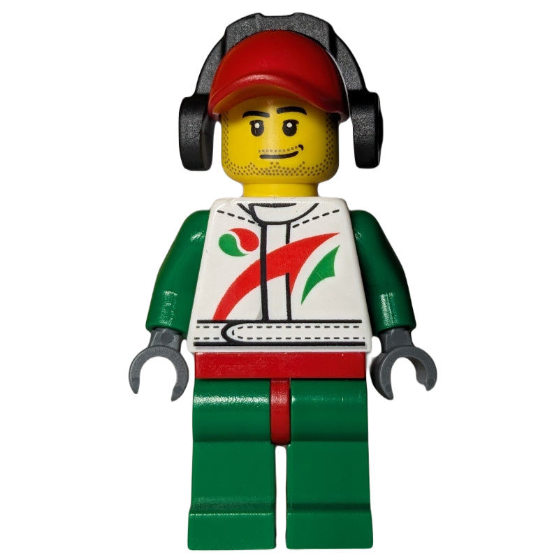 fig-009720 – Racer, White and Green Jumpsuit with Octan Logo, Red Cap with Ear Defenders, Stubble