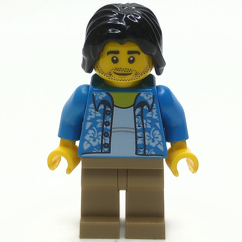 fig-009723 – Man, Open Dark Azure Hawaiian Shirt, Dark Tan Legs, Black Hair