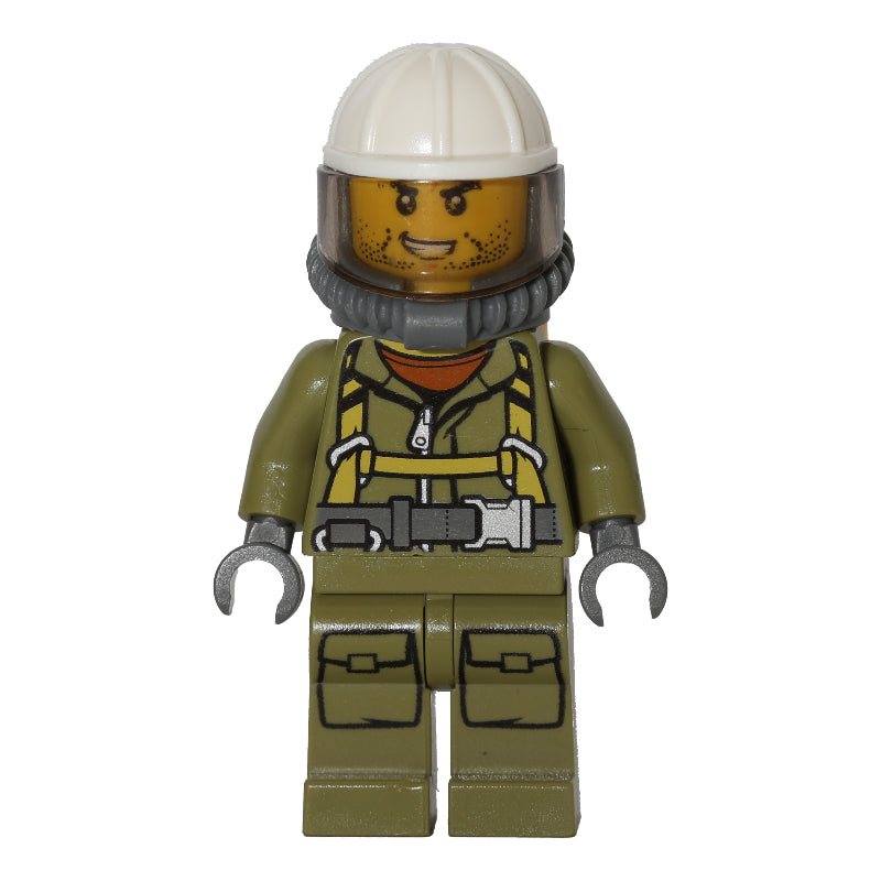 fig-009725 – Volcano Explorer, Man, Olive Green Jumpsuit with Straps, White Hard Hat with Visor, Breathing Apparatus, Airtanks, Stubble