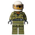 fig-009726 – Volcano Explorer, Man, Olive Green Jumpsuit with Straps, White Helmet with Visor, Sunglasses