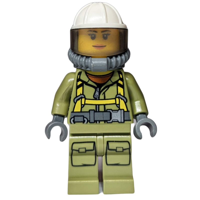 fig-009727 – Volcano Explorer, Woman, Olive Green Jumpsuit with Straps, White Hard Hat with Visor, Breathing Apparatus, Airtanks