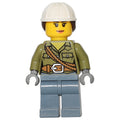 fig-009728 – Volcano Explorer, Woman, Olive Green Shirt with Rope, White Hard Hat with Hair