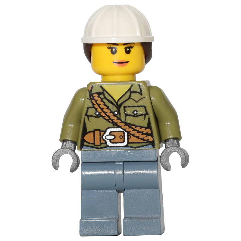 fig-009728 – Volcano Explorer, Woman, Olive Green Shirt with Rope, White Hard Hat with Hair