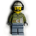 fig-009730 – Volcano Explorer, Man, Olive Green Shirt, White Hard Hat with Ear Defenders, Beard
