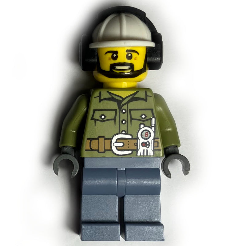 fig-009730 – Volcano Explorer, Man, Olive Green Shirt, White Hard Hat with Ear Defenders, Beard