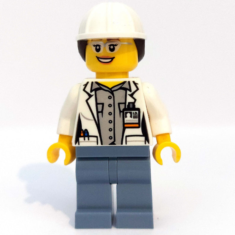 fig-009731 – Volcano Explorer Scientist, Woman, Open White Lab Coat, Sand Blue Legs, White Hard Hat with Hair