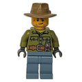 fig-009732 – Volcano Explorer, Man, Olive Green Shirt, Sand Blue Legs, Dark Tan Wide Brim Hat