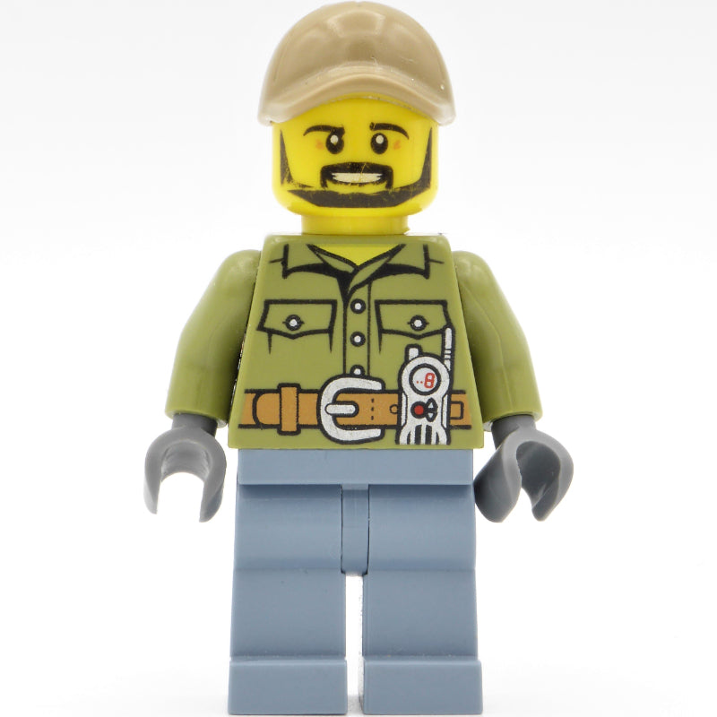 fig-009733 – Volcano Explorer, Man, Olive Green Shirt, Sand Blue Legs, Dark Tan Cap, Beard