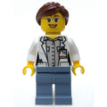 fig-009734 – Volcano Explorer Scientist, Woman, Open White Lab Coat, Sand Blue Legs, Reddish Brown Hair, Glasses