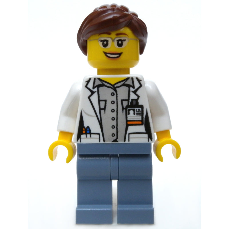 fig-009734 – Volcano Explorer Scientist, Woman, Open White Lab Coat, Sand Blue Legs, Reddish Brown Hair, Glasses