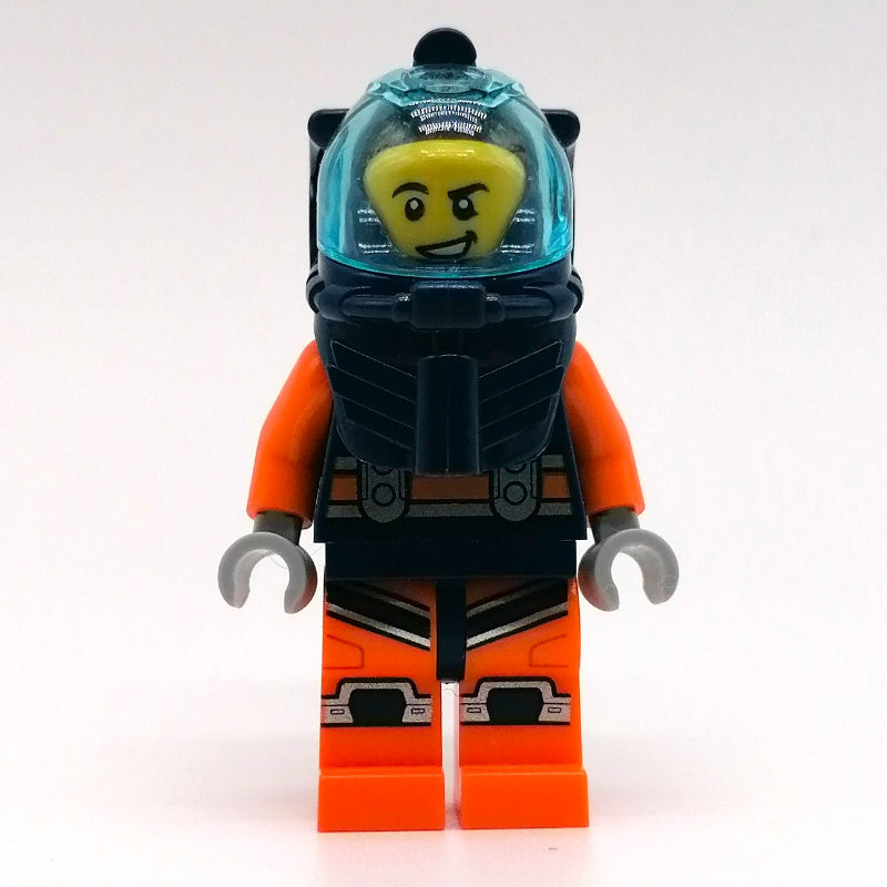 fig-009736 – Diver, Man, Dark Blue and Orange Wetsuit, Dark Blue Diving Helmet with Visor