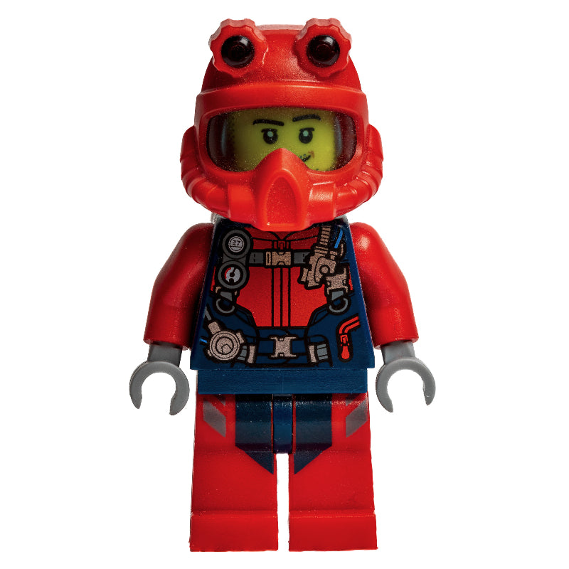 fig-009737 – Diver, Man, Red and Dark Blue Wetsuit with Straps and Gauges, Red Diving Helmet, Airtanks, Stubble