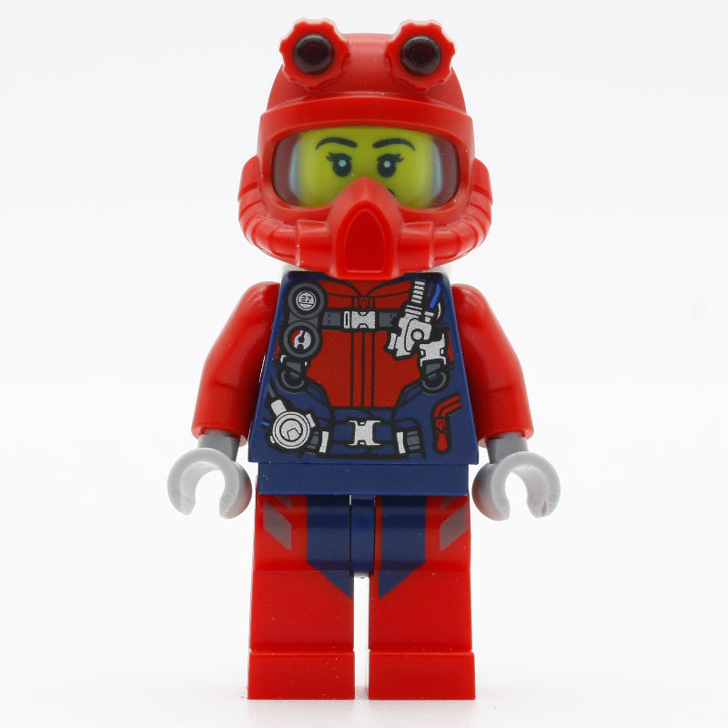 fig-009738 – Diver, Woman, Red and Dark Blue Wetsuit with Straps and Gauges, Red Diving Helmet, Airtanks, Open Mouth