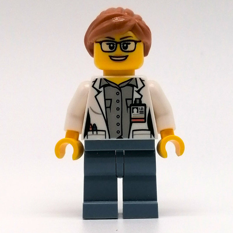 fig-009739 – Marine Scientist, Woman, Open White Lab Coat, Sand Blue Legs, Medium Nougat Hair, Glasses