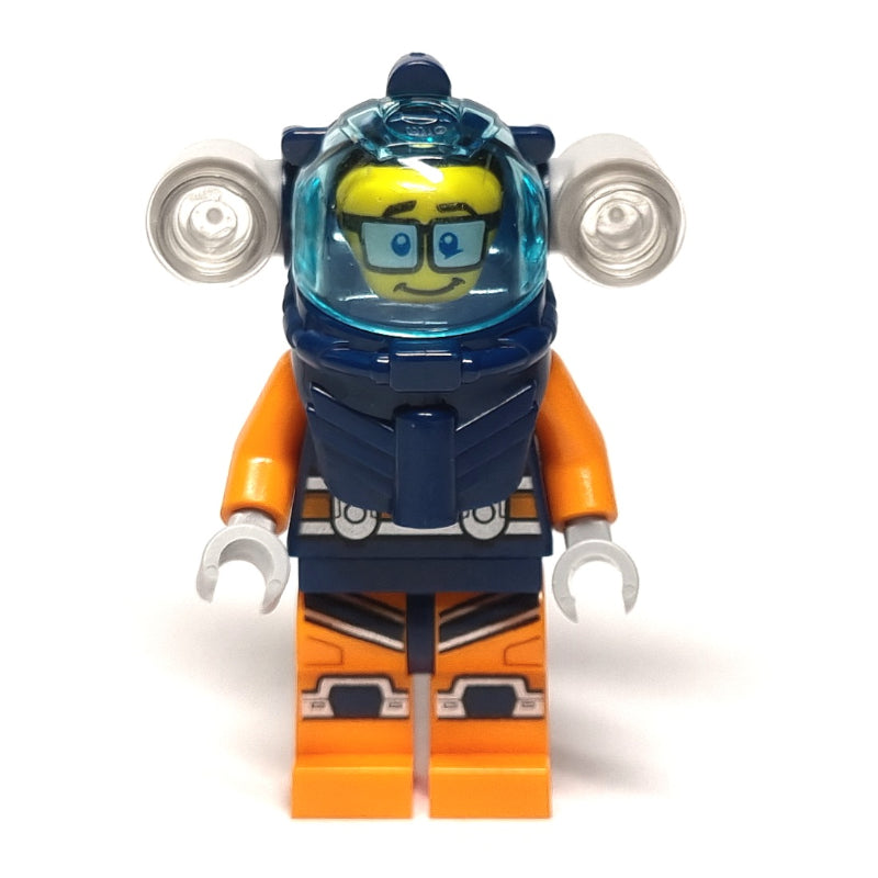 fig-009742 – Diver, Man, Dark Blue and Orange Wetsuit, Dark Blue Diving Helmet with Flashlights and Visor, Glasses
