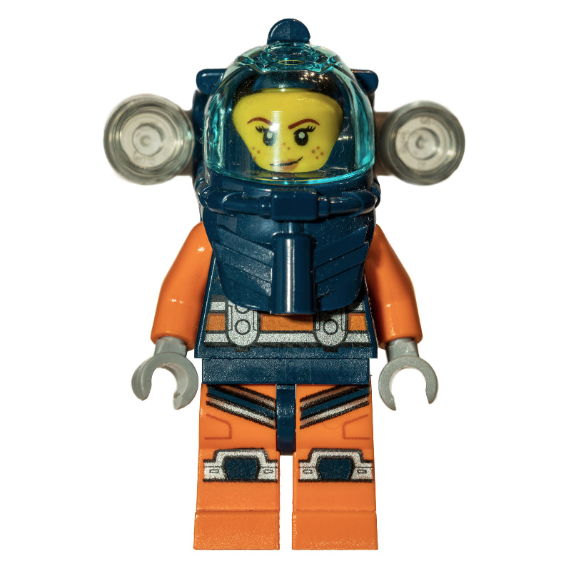 fig-009743 – Diver, Woman, Dark Blue and Orange Wetsuit, Dark Blue Diving Helmet with Flashlights and Visor