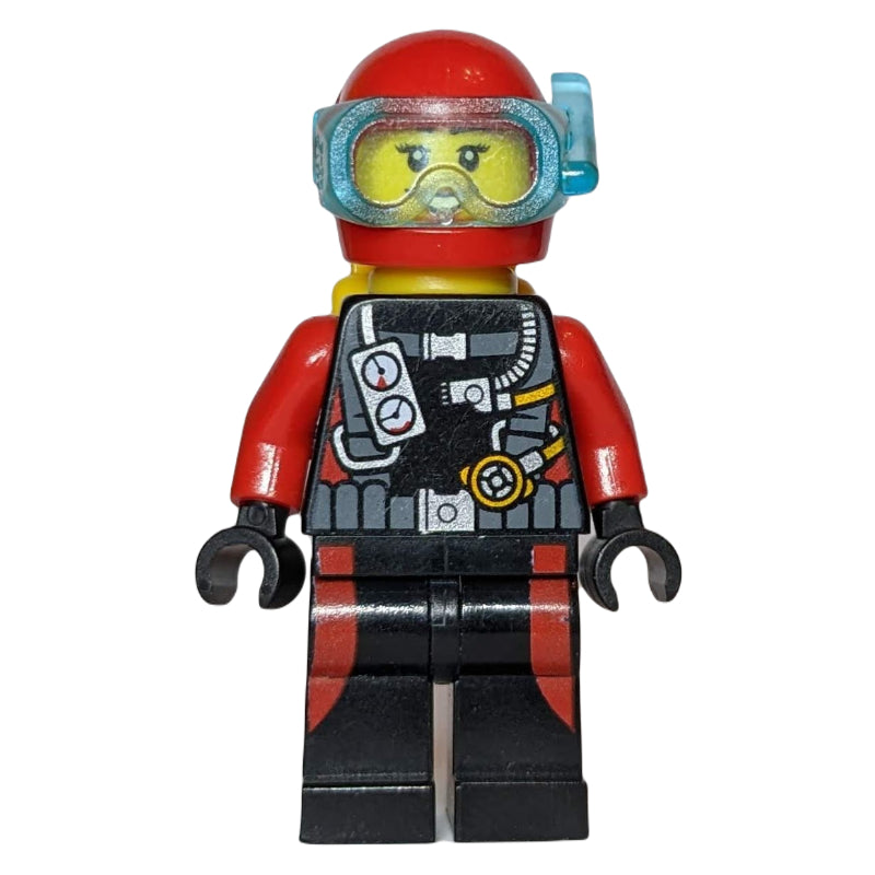 fig-009746 – Diver, Woman, Black and Red Wetsuit with Gauges, Red Helmet with Mask