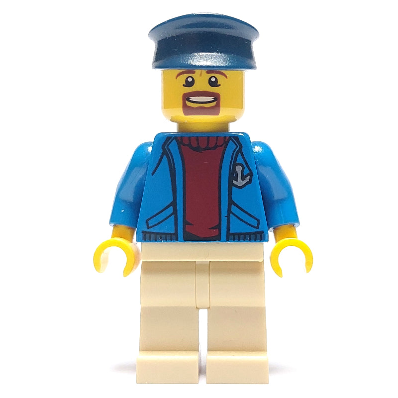 fig-009751 – Ship Captain, Open Blue Jacket with Anchor over Dark Red Sweater, Tan Legs, Dark Blue Hat, Goatee Beard