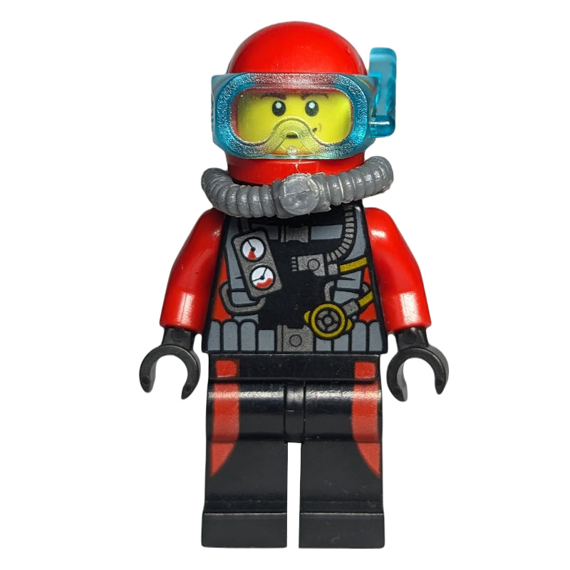 fig-009755 – Diver, Man, Black and Red Wetsuit with Gauges, Red Helmet with Mask