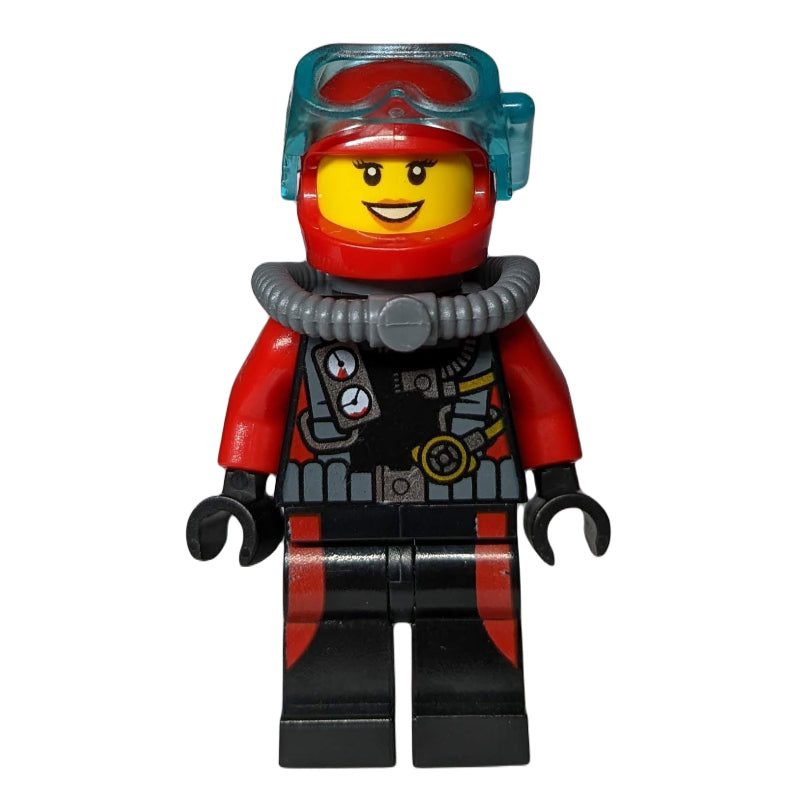 fig-009756 – Diver, Woman, Black and Red Wetsuit with Gauges, Red Helmet with Mask