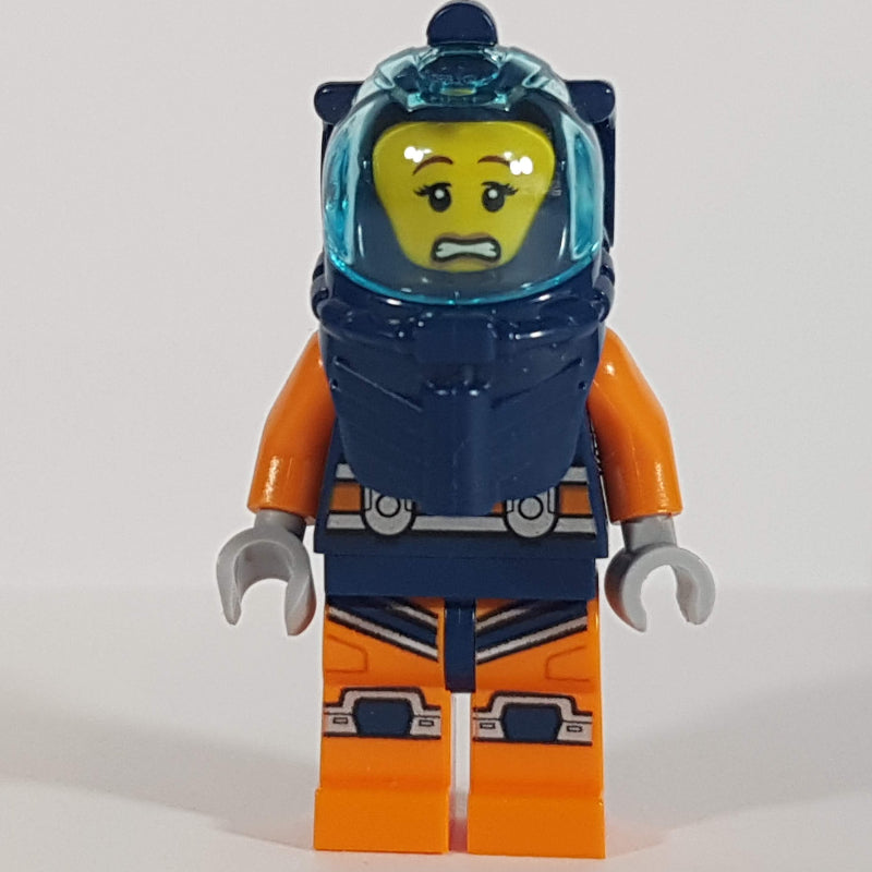 fig-009762 – Diver, Woman, Dark Blue and Orange Wetsuit, Dark Blue Diving Helmet with Visor