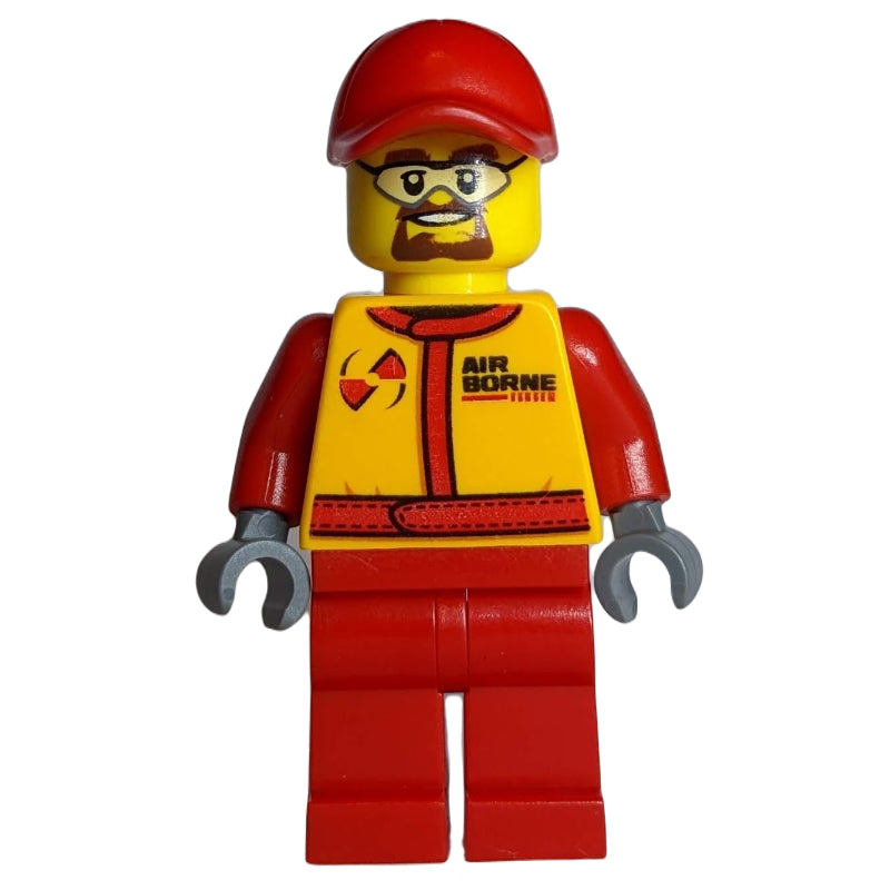 fig-009767 – Racer, Red and Orange Jumpsuit, Red Cap, Goatee Beard and Safety Glasses