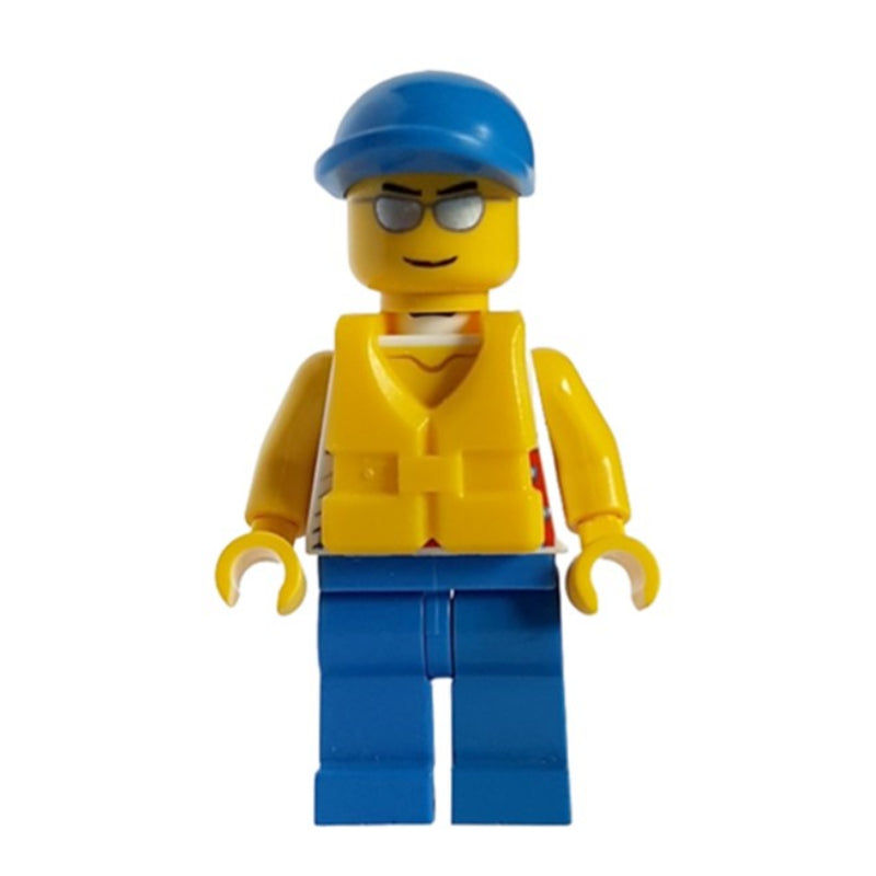 fig-009771 – Man, White Tank Top with Windsurfer, Blue Legs, Blue Cap, Silver Sunglasses