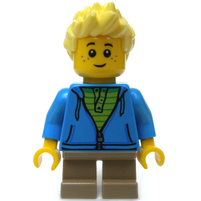 fig-009778 – Boy, Open Dark Azure Hoodie with Zipper, Short Dark Tan Legs, Bright Light Yellow Hair