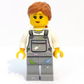 fig-009782 – Woman, Light Bluish Gray Overalls with Paint Stains, Medium Nougat Hair