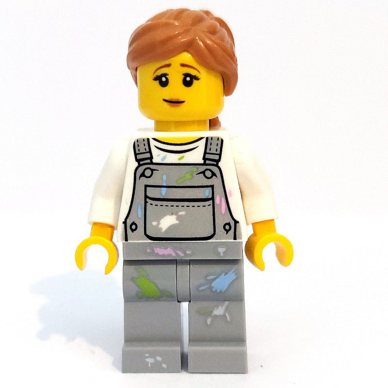 fig-009782 – Woman, Light Bluish Gray Overalls with Paint Stains, Medium Nougat Hair