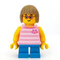 fig-009784 – Girl, Bright Pink Striped Top with Cat Head, Short Dark Azure Legs, Dark Tan Hair, Glasses