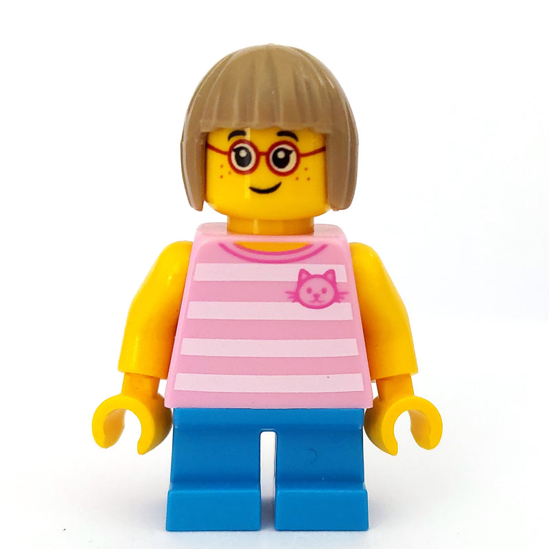 fig-009784 – Girl, Bright Pink Striped Top with Cat Head, Short Dark Azure Legs, Dark Tan Hair, Glasses