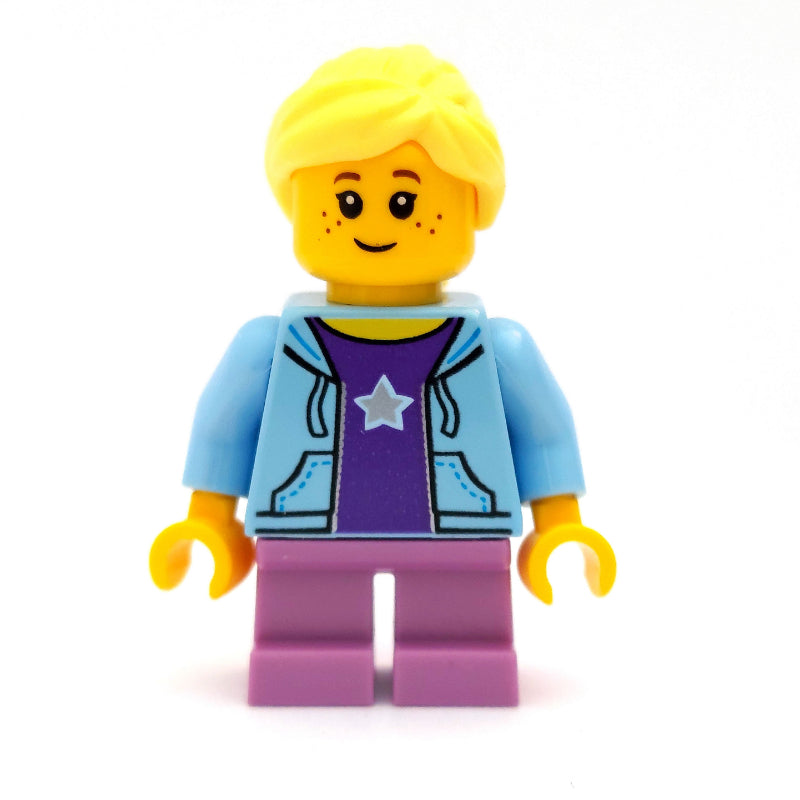 fig-009785 – Girl, Open Bright Light Blue Hoodie over Dark Purple Shirt with Star, Short Medium Lavender Legs, Bright Light Yellow Hair