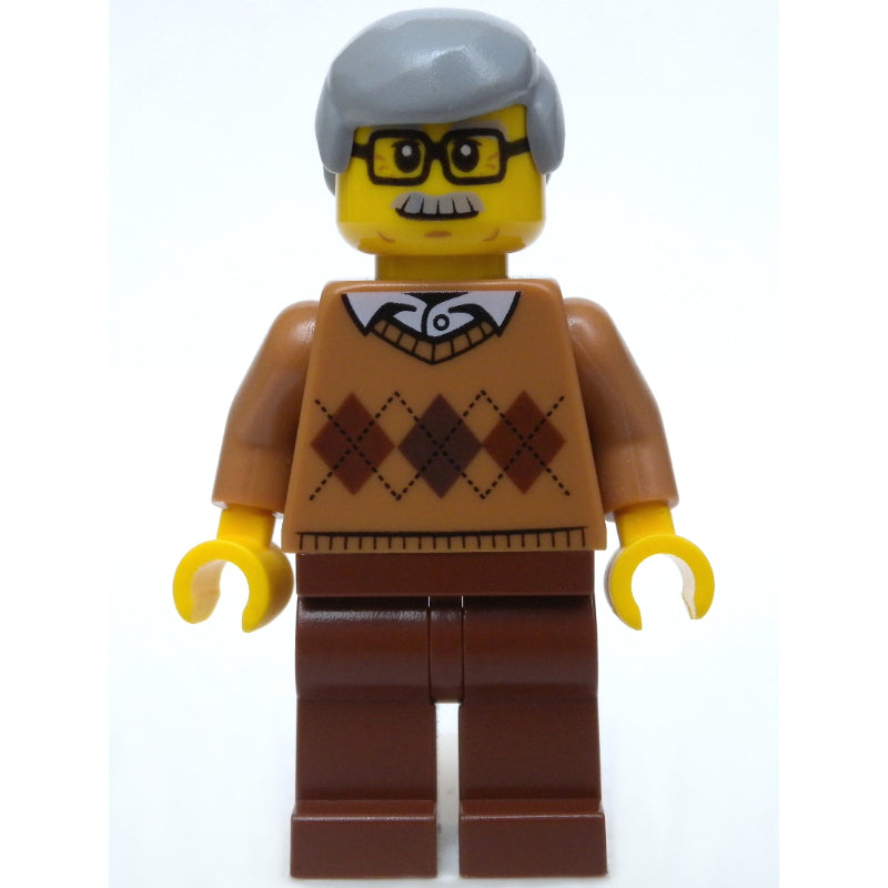 fig-009787 – Man, Medium Nougat Argyle Sweater, Reddish Brown Legs, Moustache and Glasses