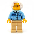 fig-009788 – Woman, Bright Light Blue Cardigan, Tan Legs, White Hair, Glasses