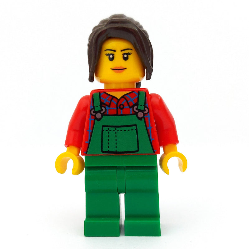fig-009789 – Woman, Green Overalls over Red Plaid Shirt, Dark Brown Hair